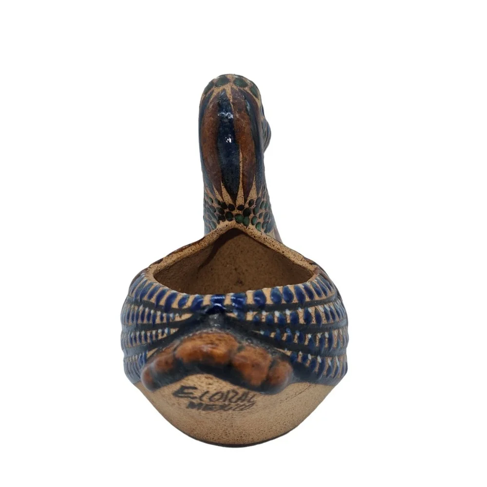 Mexican Tonala Pottery Duck Planter Figurine Bird Mexico Folk Art Signed